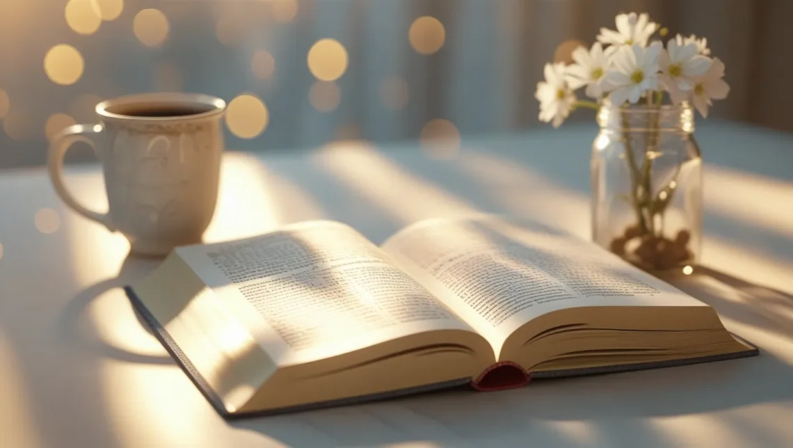 Beautiful quotes aesthetic with open book and coffee in warm light