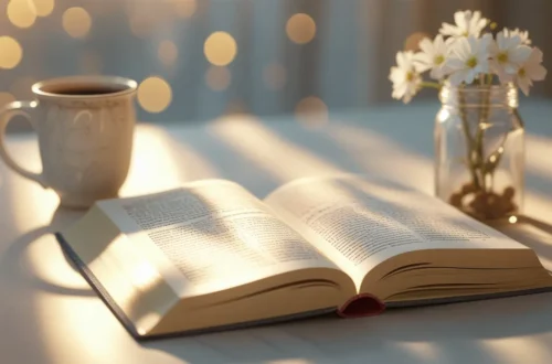 Beautiful quotes aesthetic with open book and coffee in warm light