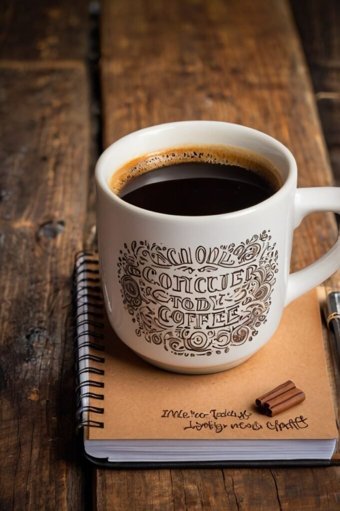Coffee cup with notepad doodles of funny motivational quotes