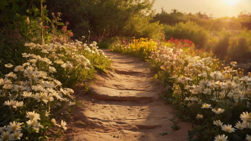 Scenic flower path with overlay of encouraging sayings in cursive font.