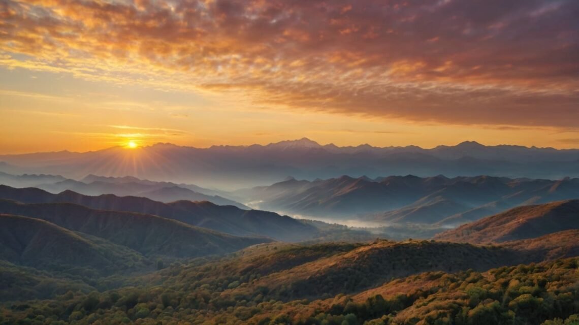 Sunrise over mountains with have a great day motivational quotes