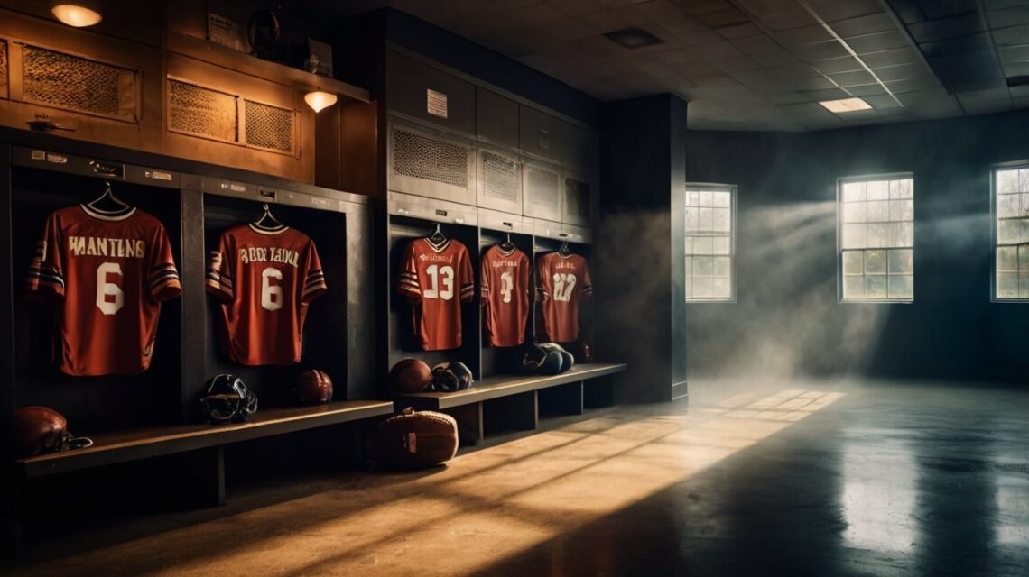 Locker room scene with inspirational motivational sports quotes energy