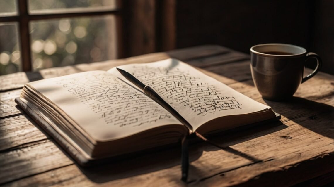 Rustic flat lay with journal and coffee featuring reality quotes aesthetic