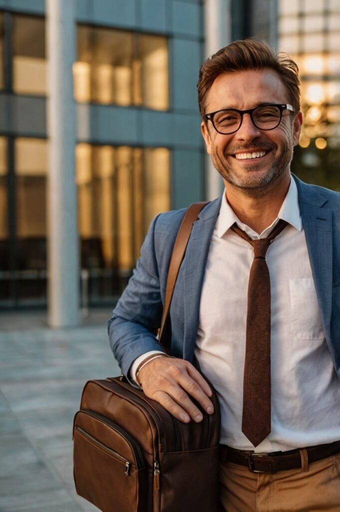 Man leaving office at sunset for Friday inspirational quotes and success