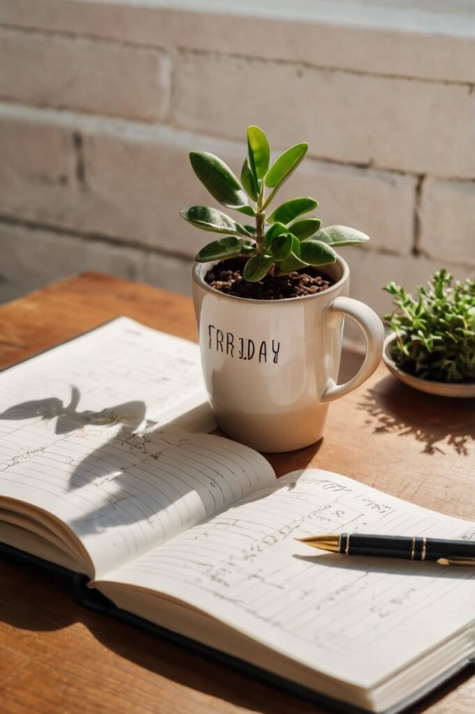 Coffee and planner flat lay for Friday inspirational quotes and focus