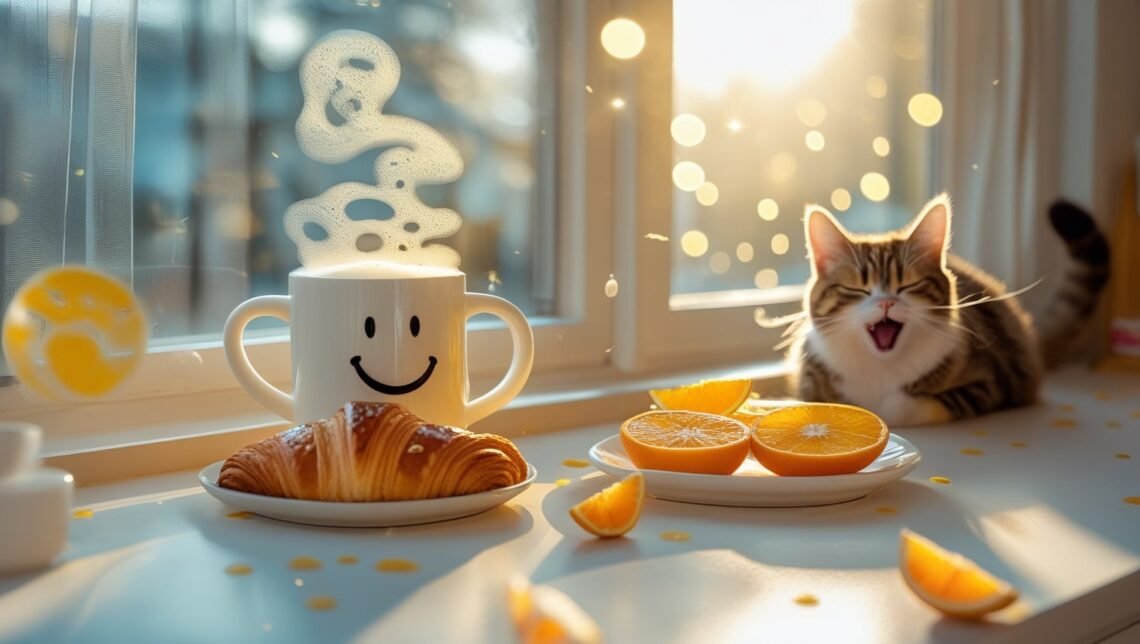 Funny good morning quotes featured image with smiling coffee and sunshine