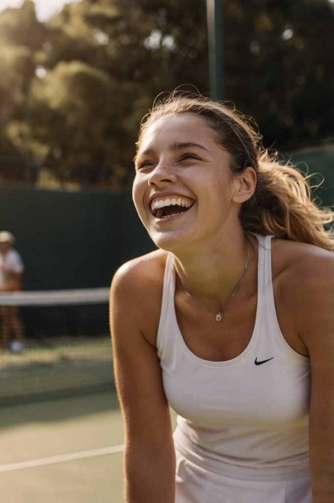 Tennis player laughing at funny mistake showing motivational sports quotes