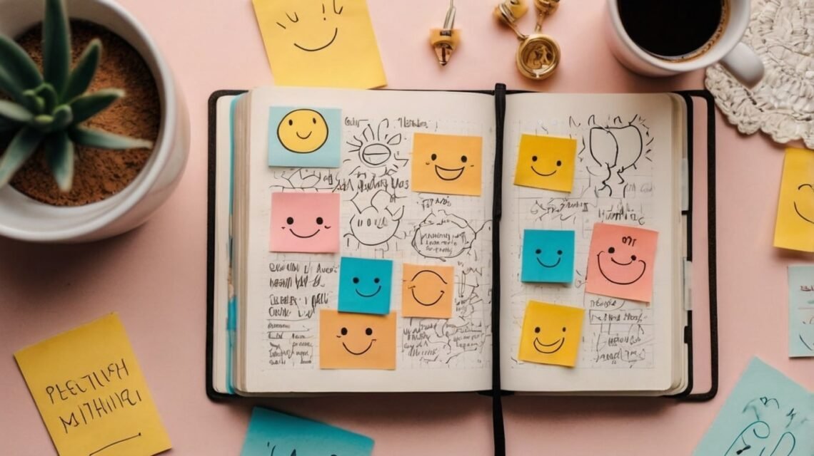 Cheerful flat lay with journal and coffee for funny quotes about inspiration