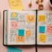 Cheerful flat lay with journal and coffee for funny quotes about inspiration
