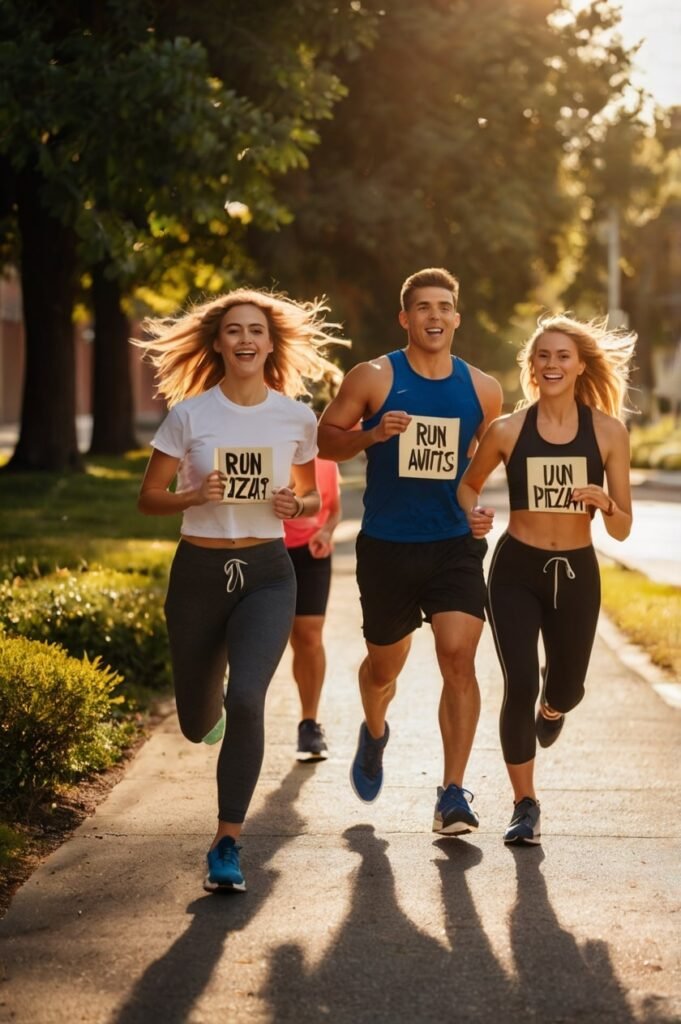 Friends jogging with funny sports motivational quotes for inspiration