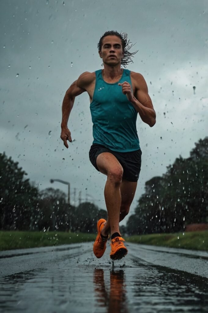 Runner training in rain symbolizing grit and resilience