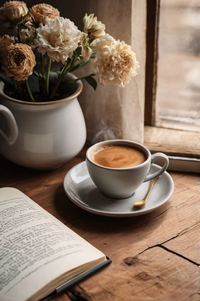 Flat lay of coffee and journal with good morning have a great day vibe