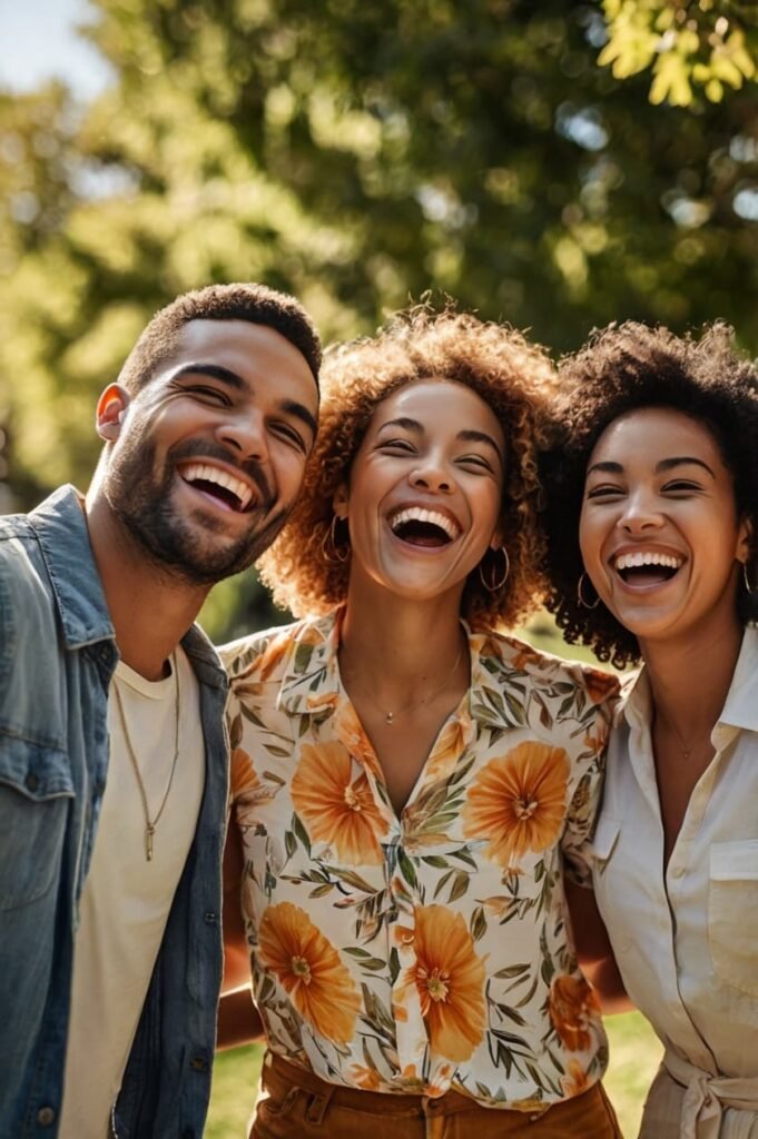 Group of friends laughing outdoors sharing happy positive quotes have a great day