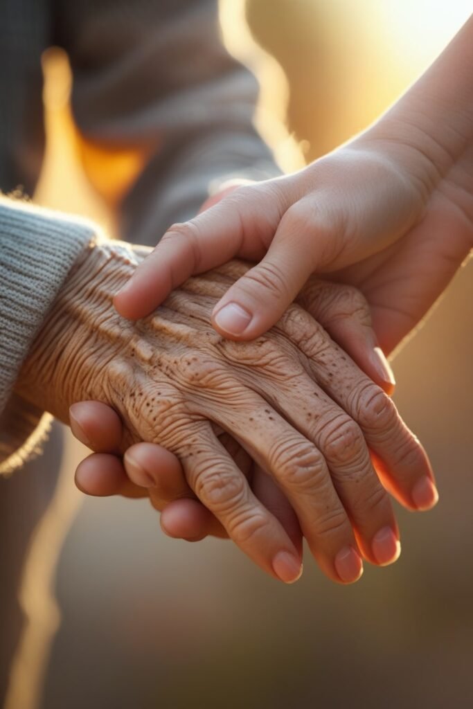 Elderly and young hands holding symbolizing human decency quotes
