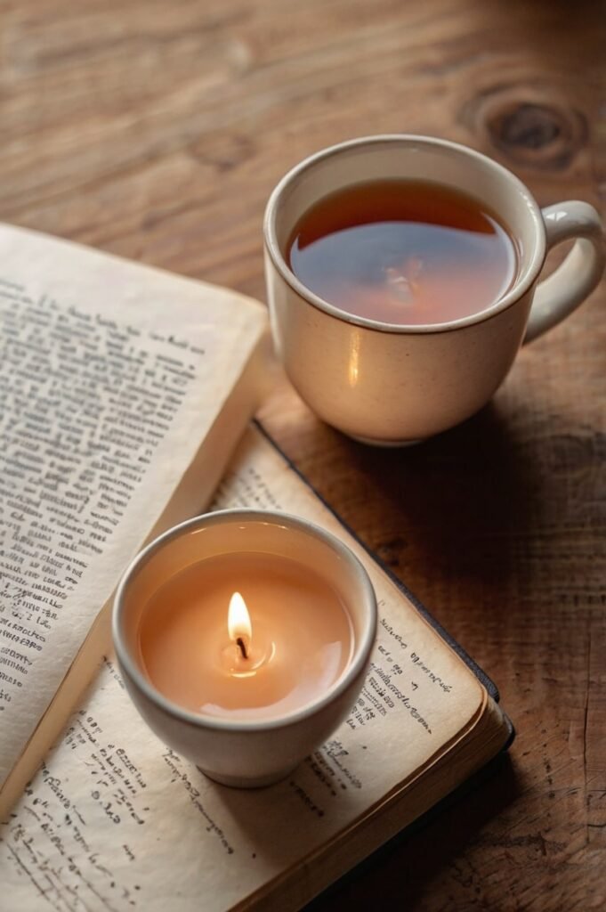 Cozy flat lay with journal and tea symbolizing protecting peace
