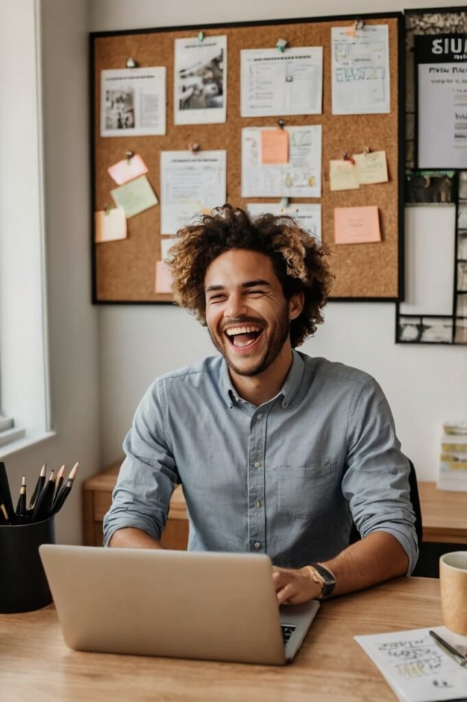 Young professional laughing while working with funny inspirational quotes nearby
