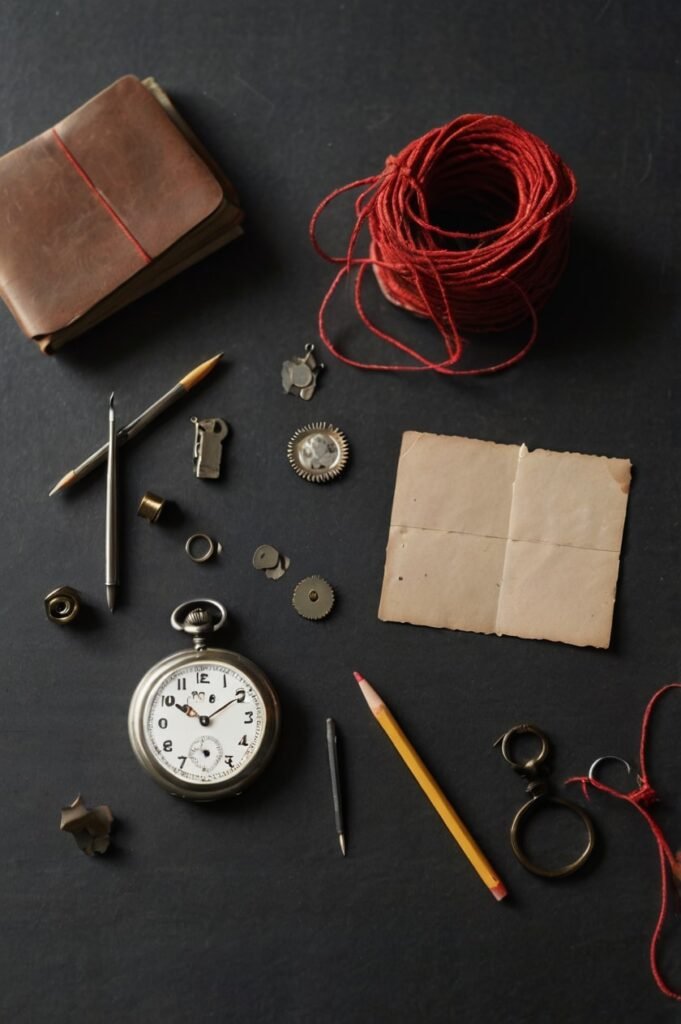 Flat lay visualizing lies and lies quotes with clues, strings, and shadows