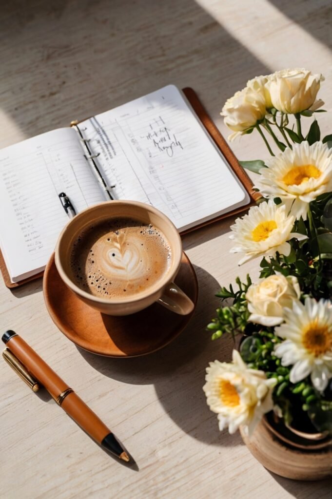 Coffee and planner flat lay for Monday inspirational quotes and planning