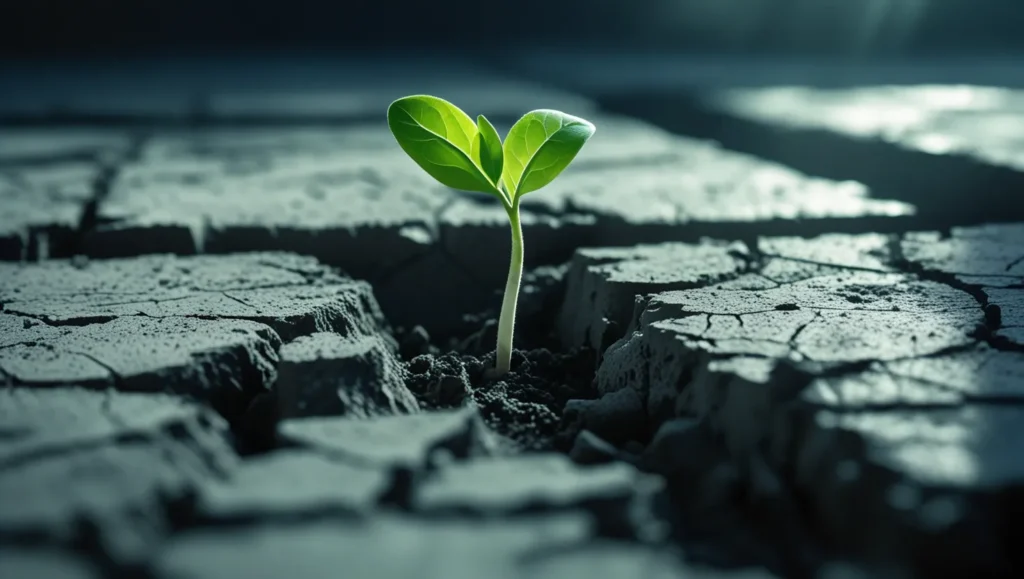 Quotes about change with seedling breaking concrete, resilience and steady growth