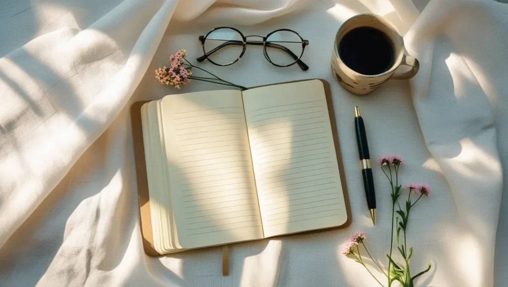 Flat lay morning ritual for positive quote of the day inspiration