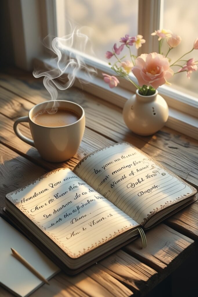 Flat lay journal with coffee for writing positive quote of the day