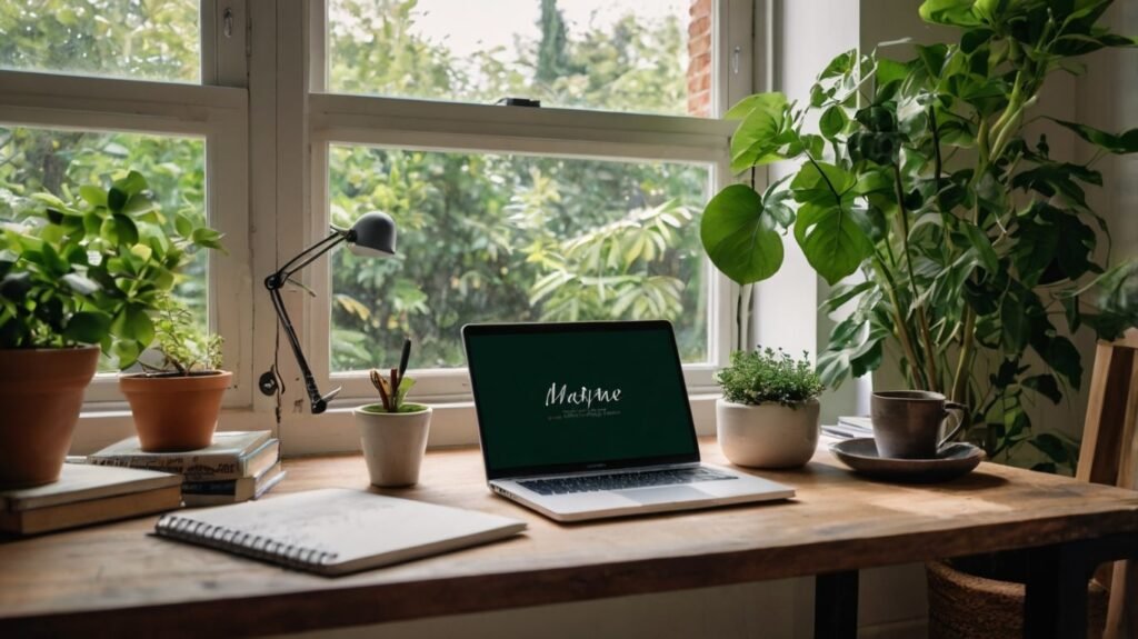Modern workspace with framed positive self-improvement saying and plants.
