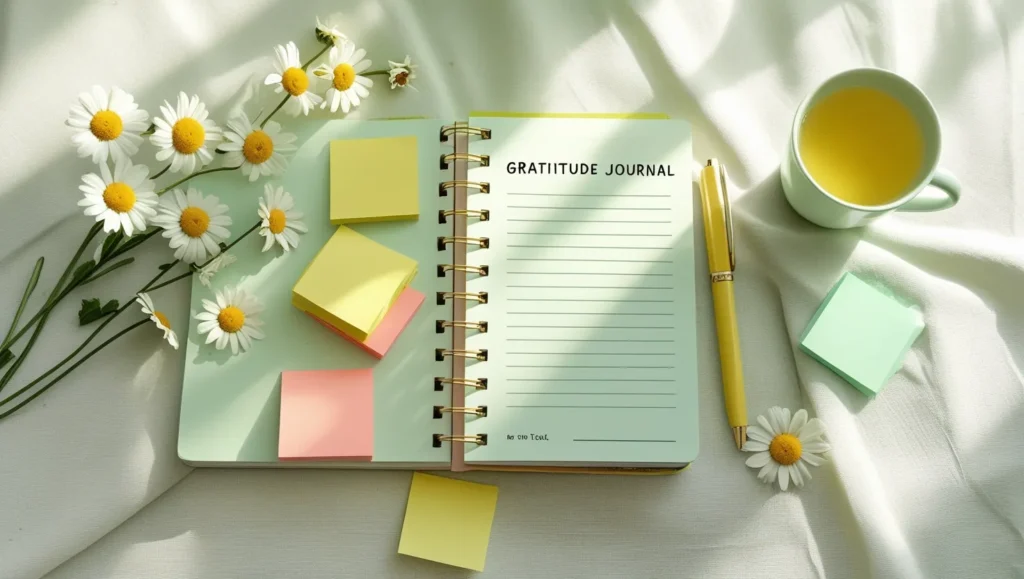 Flat lay gratitude journal for quotes about happiness and daily joy