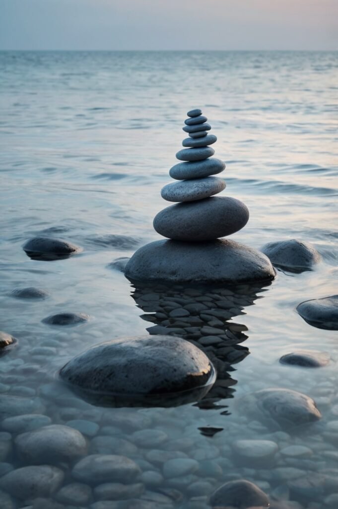 Calm seascape with Zen stones reflecting quotes about mistakes and wisdom
