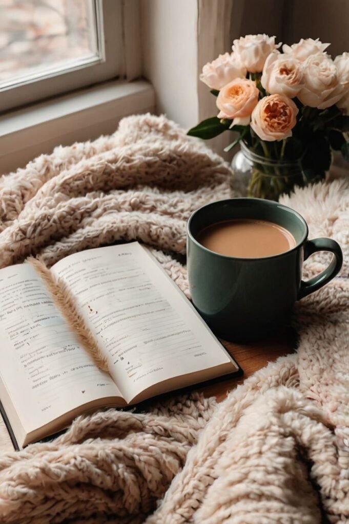 Cozy flat lay with coffee and journal for Saturday inspirational quotes