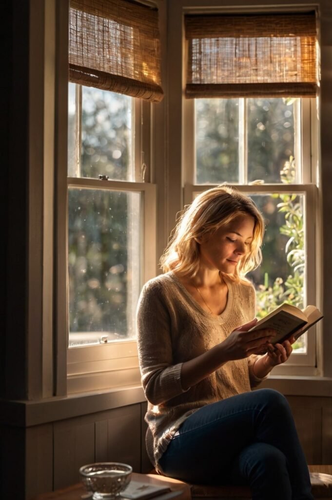 Woman reading by window for Saturday inspirational quotes and renewal
