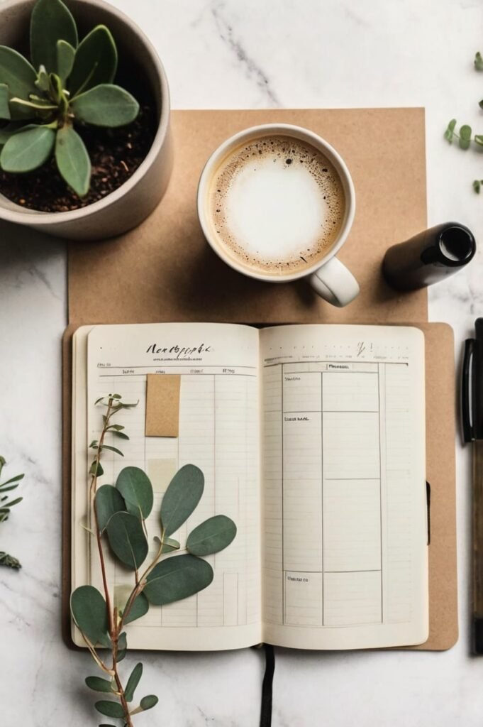Flat lay desk for short quotes about personal growth and focus