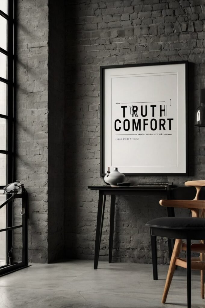 Bold typography poster saying truth over comfort in black and white