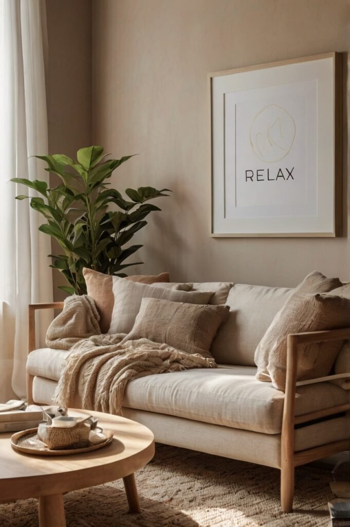 Cozy living room with Sunday funny inspirational quotes on wall art