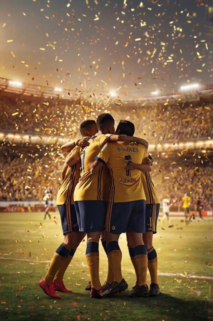 Team celebrating a goal to highlight sports unity