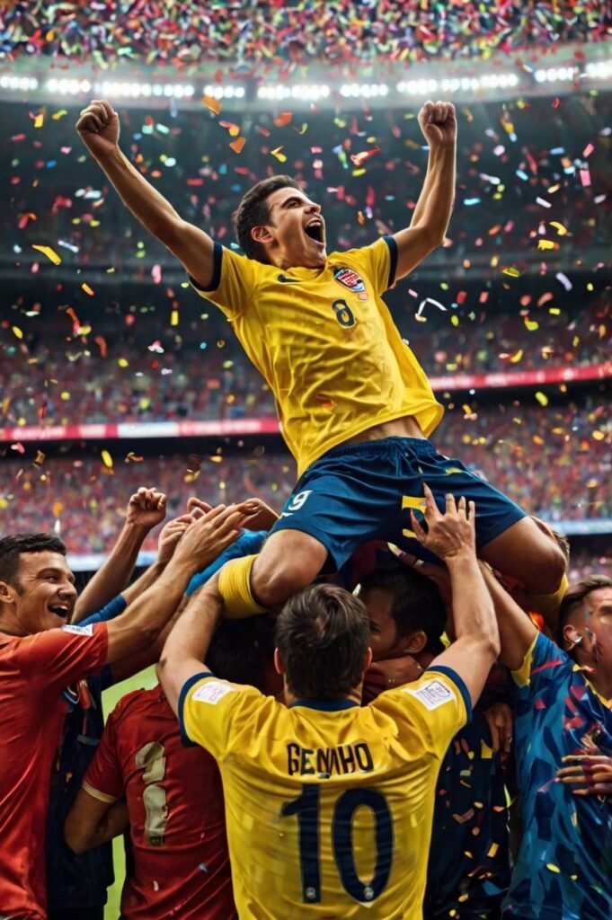 Soccer team celebrating teamwork and victory with inspirational sports quotes