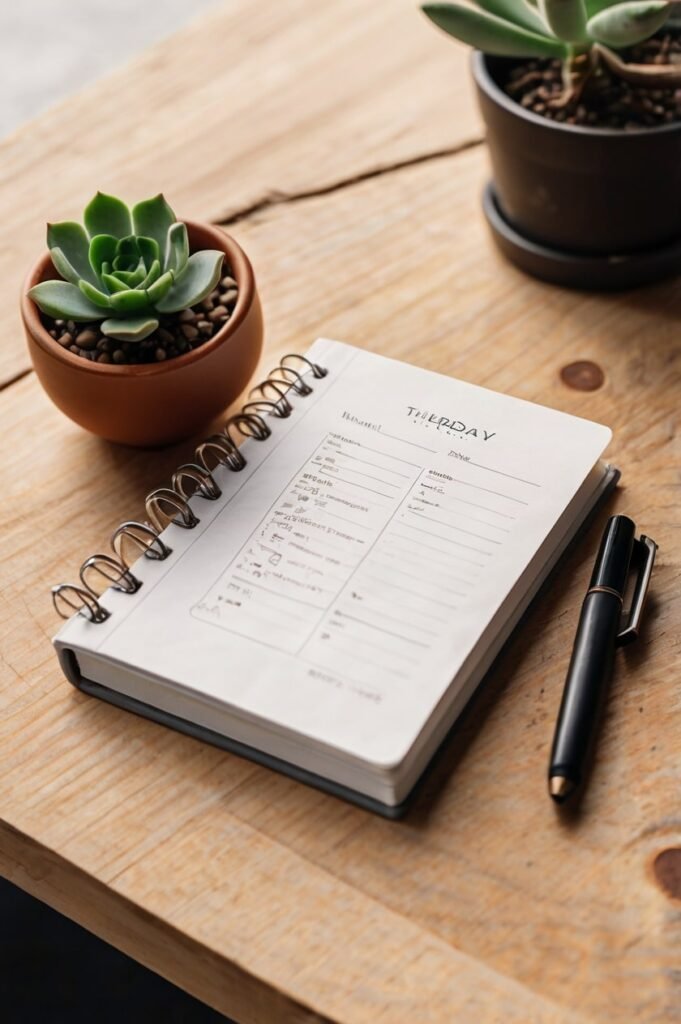 Desk flat lay with coffee and planner for Thursday inspirational quotes