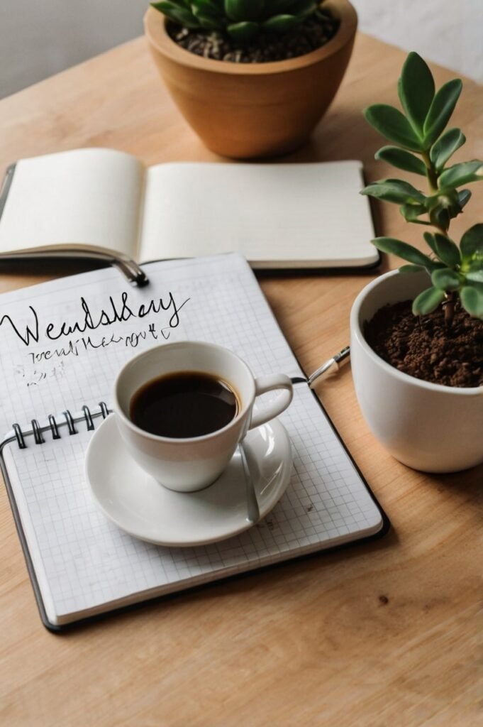Flat lay desk with coffee for Wednesday inspirational quotes and focus